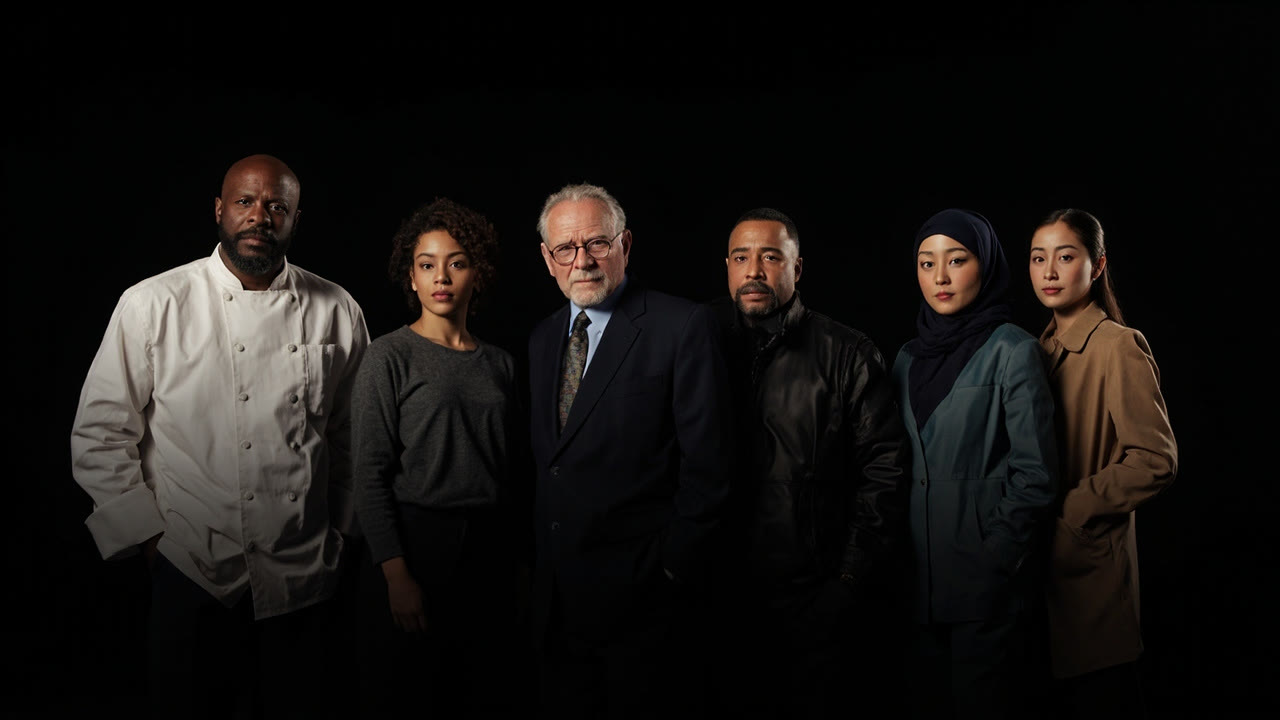 AI image of six fictional people in their roles, standing together on a dark set