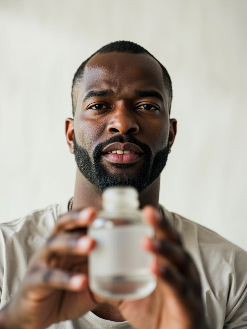 AI image of a fictional man holding a plain frosted bottle in a bright studio