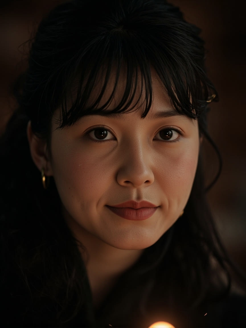 AI image of a fictional woman in candlelight, a quiet dramatic close-up
