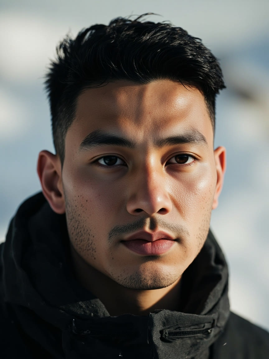 AI image of a fictional man on a cold ridge at dawn