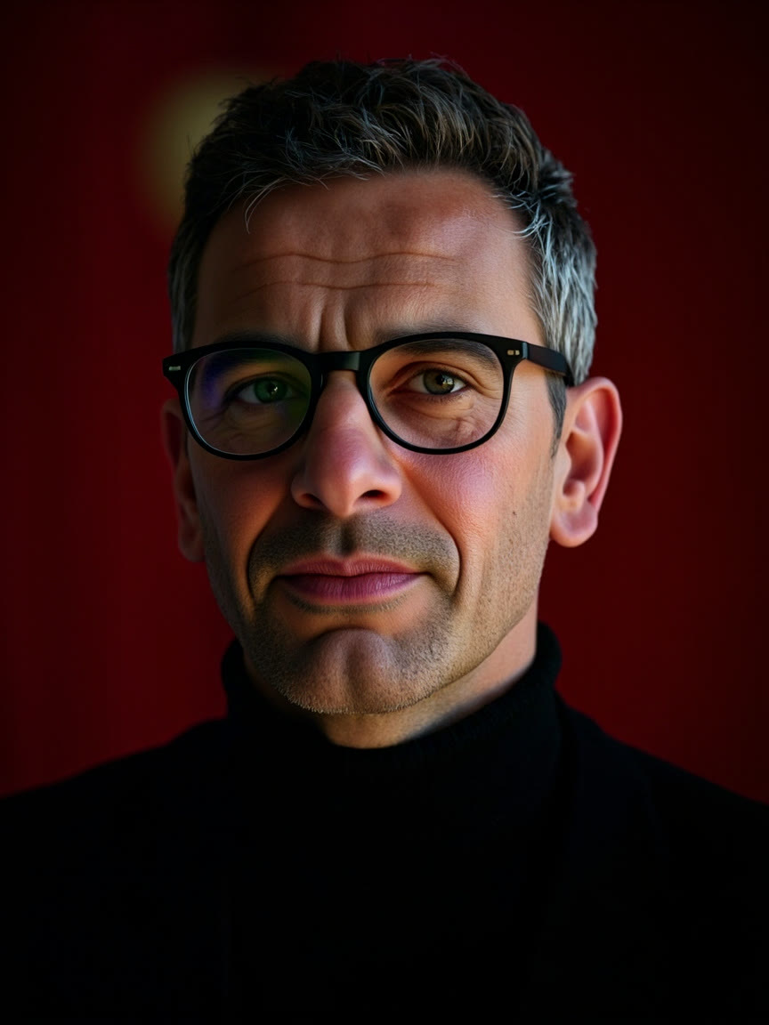 AI image of a fictional man in a black turtleneck against deep red
