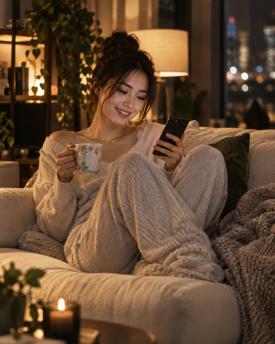 A made-up creator curled up on her couch at home, smiling at her phone, AI-generated